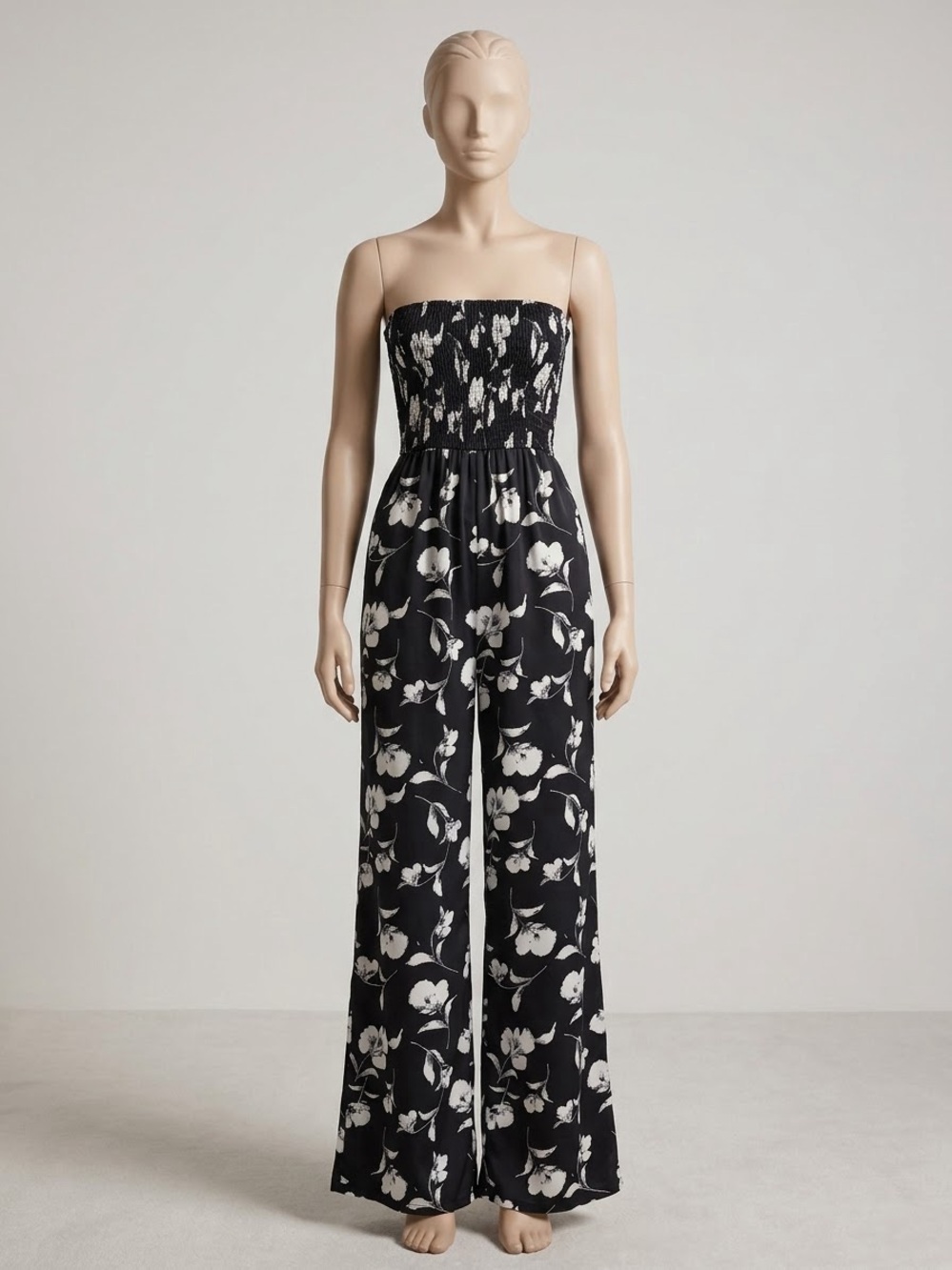 Black Floral Strapless Wide-Leg Jumpsuit